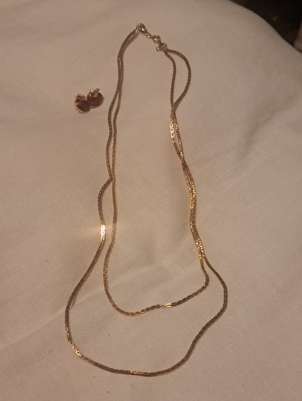 Gold-Tone Layered Women's Necklace - Elegant Double Chain W/ Apple Earrings